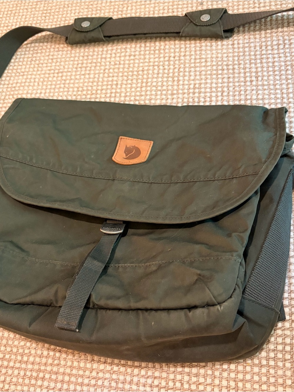 Fjallraven Dark Olive Green Canvas Messenger Bag with Leather Patch